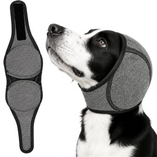 Dog Calming Ear Wraps, Waterproof Adjustable Dog Snood Ear Protectors Comfortable Noise Protection Ear Cover Muffs for Pet Bath Grooming Swimming Thunder Fireworks (Gray, M)