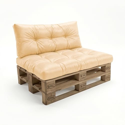 POKAR Set de 2 Cojines para Palets Impermeable | Asiento 120x80 + Respaldo 120x40 para Sofá de Jardín | Cojines Acolchados para Palé | Interior y Exterior | Oeko-Tex | Fabricado en UE | Beige