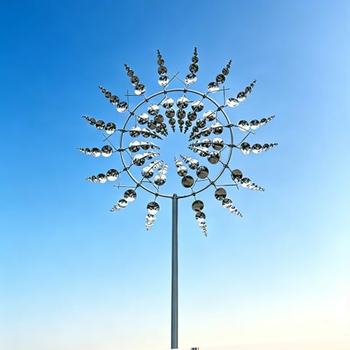 Windrad Garten Metall, Windspiel Garten Drehbare Blume, 3D Magische Windmühle wetterfest, Windspiele für Draußen Stehend, Gartendeko Windräder für Balkon, Landschaft Dekoration (Silber)
