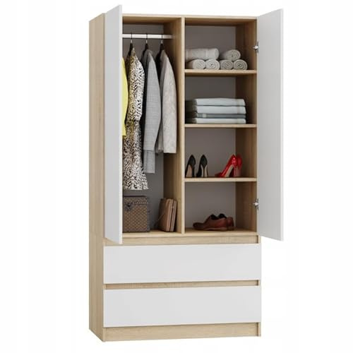 Happy Babies Kleiderschrank Zweifarbig 90 cm Anthrazit/Weiß | Drehtürenschrank mit 2 Schubladen | Moderne Schlafzimmer Garderobe, Jugendzimmer 90x180x50 (Sonoma-Eiche – Weiß)