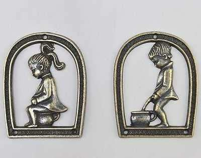 Coppia Targhe Targhette Toilette in Ottone Brunito WC Bagno per Porta Parete