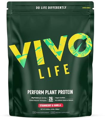 Vivo life Perform Plant Protein Powder | 25g Protein with BCAAs, Iron, Zinc, Turmeric & Herbal Enzyme Blend | Lactose Free & Easy to Digest, Plant-Based Nutrition | Strawberry Milkshake - 26 Servings
