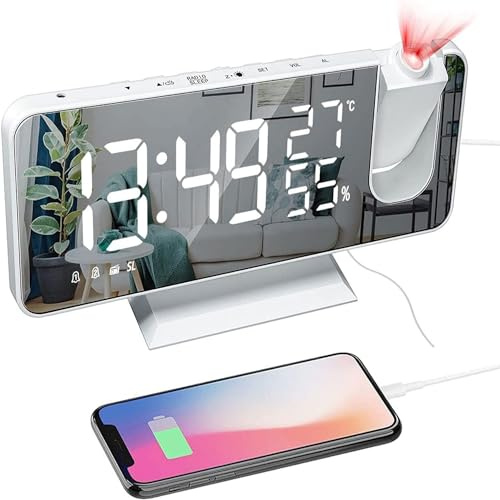 Petilleur Projection Alarm Clock for Bedroom Ceiling Digital Clock Radio with USB Charger Ports 180° Rotatable Projector, 12/24H,Snooze,Dual Loud Alarm Clock (White)