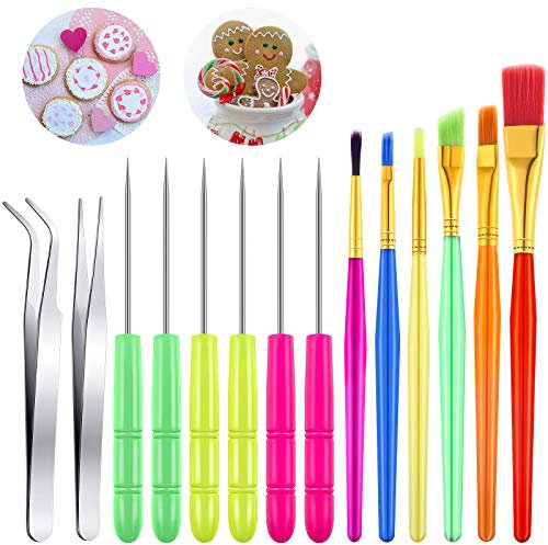 Patelai 14 Pcs Cookie Decorating Tool Set Christmas Fondant Cake Decorating Brushes Scribe Cookie Tool Sugar Stir Needle Baking Elbow and Straight Tweezers for Christmas Sprinkles Supplies for Fondant