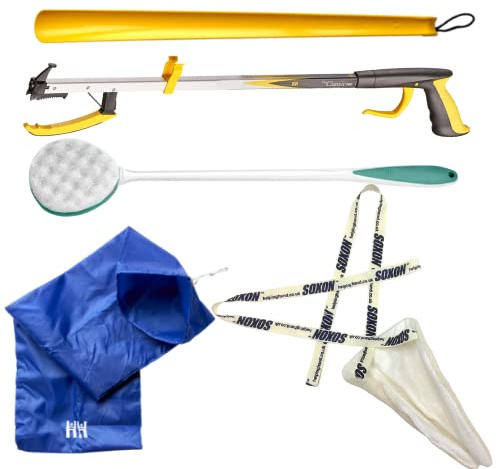 Helping Hand Company 5 Piece Deluxe Hip Kit Post Surgery Kit, Knee and Hip Replacement Recovery Kit. Classic Pro Reacher Grabber 32/82cm, Soxon Sock Aid, Long Handled Shoe Horn, Exfoliator Sponge