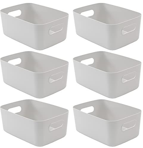 SA Products 6 Pack Plastic Storage Boxes Colourful Storage Baskets with Handles Stackable Cupboard Organiser Kitchen Cupboard Storage Bathroom Bedroom Office School and Home (6pc Storage Basket Grey)