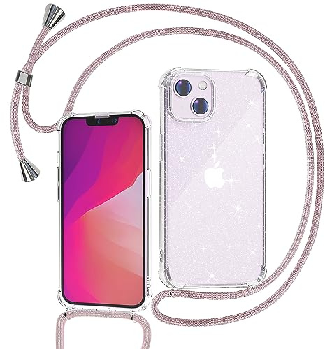 Tikgue Handykette für iPhone 14 Hülle mit Band, Handyhülle mit Kordel zum Umhängen Schutzhülle mit Kette Glitzer Transparent Weich TPU Silikon Bumper - Roségold
