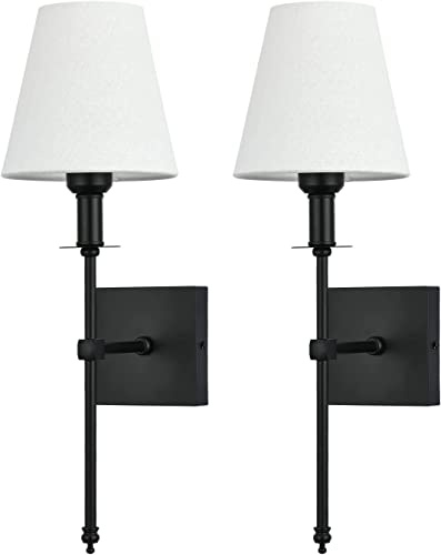Enyhom 2 Stücke Wandlampe Industrial Festverdrahtete Wandleuchte Innen Schwarz mit Weißem Stoffschirm, Badezimmer Lampe Wand Retro E27, Nachttischlampe Bettlampe Wandbeleuchtung für Flur Schlafzimmer