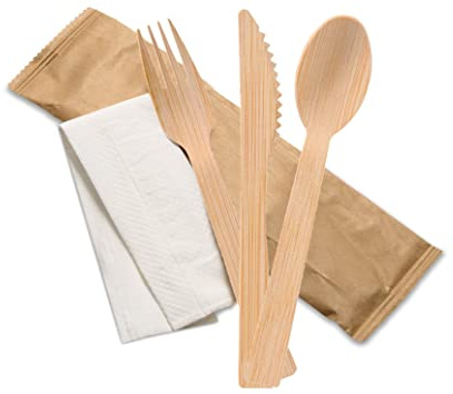 Lot de 100 couverts compostables en bambou emballés individuellement – 100 paquets de cuillère, fourchette et couteau + mouchoir | Biodégradables