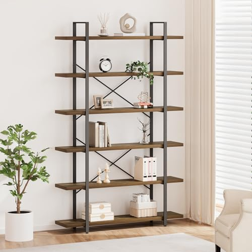 HSH 6 Tier BookShelf Farmhouse Storage Bookcases Modern Shelf Rustic Oak | Metal and Wood Bookcase Etagere, Farmhouse Open Wide Display Storage Bookshelves Heavy Duty for Bedroom Living Room Office