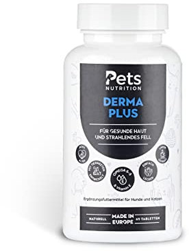 PETS NUTRITION - Derma Plus 60 Kautabletten für Hunde & Katzen - Ergänzungsfuttermittel zur Unterstützung von Haut & Fellkleid für jung & alt - Stärkung der Fellpflege mit Omega 3-6 & Vitaminen
