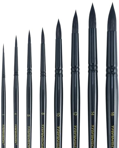 Transon Juego de 8 pinceles redondos para acuarela, pelo de cabra para acuarelas, acrílicos, tintas, gouache, aceite y témpera color negro