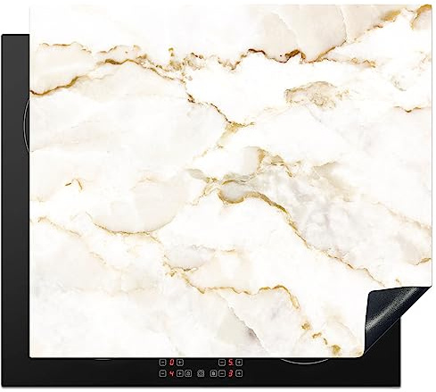 KitchenYeah© Herdabdeckplatte Einteilig Abdeckplatten Cerankochfeld | 60x52 cm - Abdeckung Ceranfeld Herdplattenabdeckung Induktionsmatte Marmor - Kalkstein - Gold - Luxus - Marmoroptik - Weiß