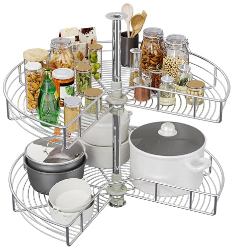 YITAHOME 31-Inch Kidney Shaped Chrome Pie Cut 2-Shelf Lazy Susan Corner Organizer for Kitchen Cabinet Blind Corner Storage with Telescoping Mount, Silver