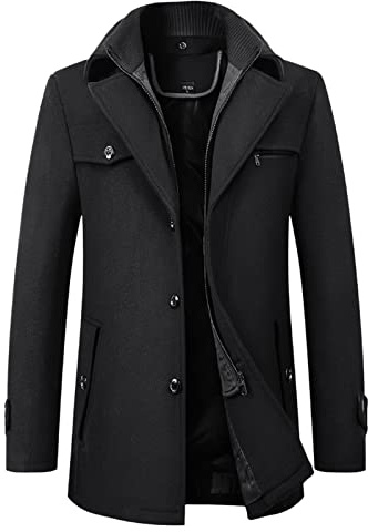 Herren Business Wollmantel Mode Kurzmantel Wintermantel mit Stehkragen Verdickung Kurze Jacke Herrenmantel Gesteppt Mantel Single Breasted Elegant Trenchcoat Jacke für Business Freizeit,Schwarz