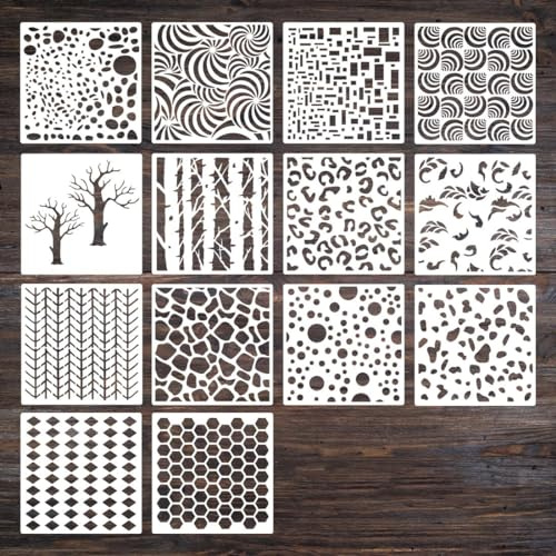 Geometric Figure Paint Stencils - 14 Pcs Different Templates for Painting Spraying, Sponge Roller Painting, Crayon Drawing, DIY Craft (15 x 15cm)