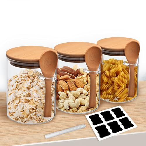 Set di 3 barattoli con coperchio e cucchiaio, da 540 ml, in vetro con coperchio in bambù, da cucina, ermetici