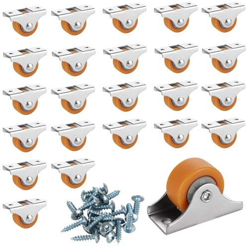 CYEAH 24 Pcs Small Caster Wheels, 1 inch Mini Fixed Silent Ball Bearing Casters Wheels, Metal Top TPE Rubber Low Profile Caster Wheels for Furniture Rolling Cabinet Trundle Bed Drawer with Screws