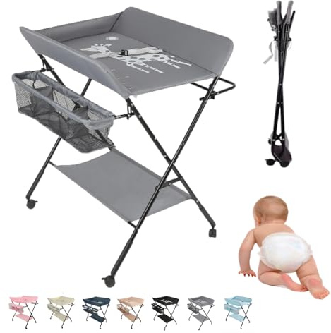 MUL-BOUTIQUE Wickeltisch, faltbar, abnehmbarer Wickeltisch mit Ösen und Aufbewahrungskorb, tragbarer Wickeltisch mit verstellbarer Höhe für Babys (grau, 80 x 66 x 98 cm)