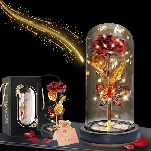 Rose Eternelle Cadeau Fete des Meres, Rose Eternel avec LED Et Dôme en Verre Amovible，La Belle Et La Bête Rose Artificielle Rouge，Saint Valentin Anniversaire Cadeaux pour Femme Fille Maman Mamie
