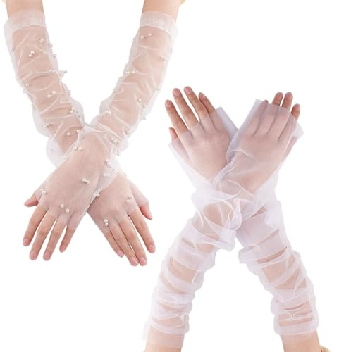 OLYCRAFT 2 paire 2 styles de Gants Longs Bouffants en Tulle Blanc à Manches Longues avec Perles Gants en Tulle Blanc pour Femme Costume D'Opéra Robe de Mariée Accessoires de Mariée