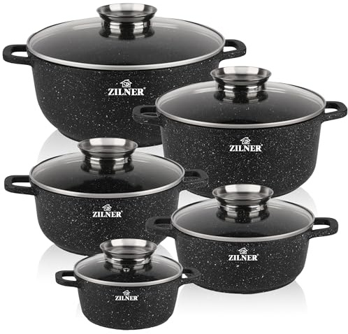 Topfset Induktion 10-Teilig mit Glasdeckel | Kochtopf Set 5 Töpfen aus Aluminiumguss | 5x Kochtöpfe Ø16, 20, 22, 24, 26 cm | PFOA & PFOS-freie | Antihaftbeschichtung aus Schwarzem Granit | ZILNER 8522