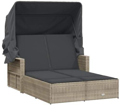 vidaXL Doppel-Sonnenliege mit Dach und Auflagen Hellgrau Poly Rattan