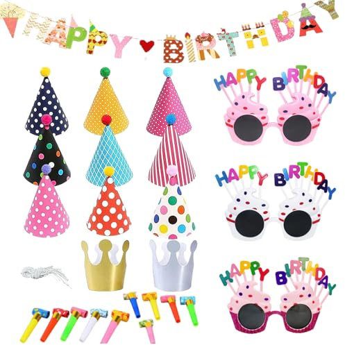 FUIPVGI 25 PCS Chapeaux de Cône Fête d'Anniversaire Bannières, Chapeau de Couronne Lunettes de Fête Souffleurs de Fête Enfants Adultes pour Fête d'anniversaire de Noël Fête d'Enfants (or)