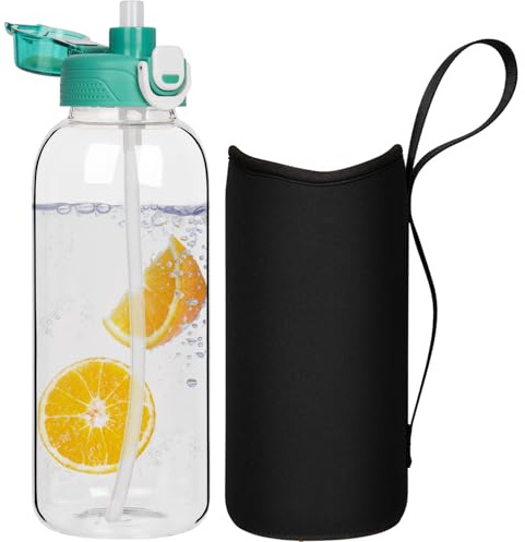 DEARRAY 2l Gourde en Verre avec Paille, 2 litres Bouteille d'eau en Verre Borosilicaté Anti-fuite avec étui de Protection en Néoprène