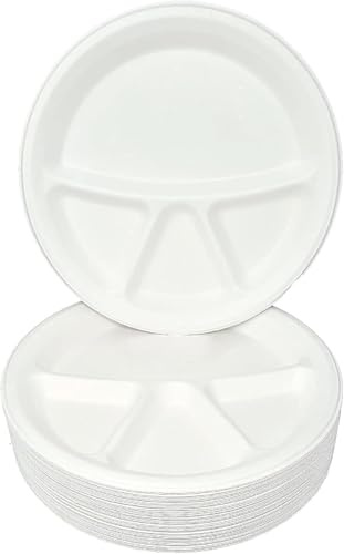 ECONX 4 Compartment Bagasse Plates 12 Inch Disposable Compostable Dinner Party Plates Heavy Duty Clamshell Eco Friendly Plates Perfect for Everyday USE Party Picnic BBQ (50)