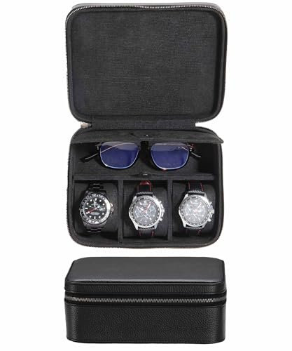 SYENS Scatola per orologi in vera pelle da uomo, custodia da viaggio con scomparto per occhiali, borsa in vera pelle goffrata per 3 orologi, rotolo da viaggio, cerniera (nero)