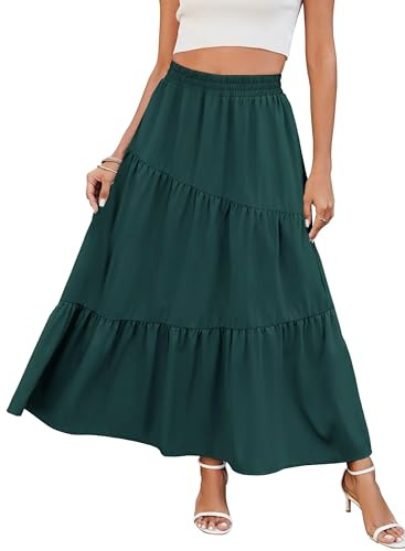 Timuspo Lång kjol för kvinnor med fickor hög midja elastisk A-linje enfärgad ledig elegant blommönster veckad strandkjol, Färg: grön, S