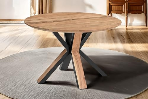 SAM Esstisch Kimberly rund Ø 105 cm Akazie naturfarben Spider Holz | Esszimmertisch massiv, Schweizer Kante, Metallgestell, pflegeleichter Holztisch