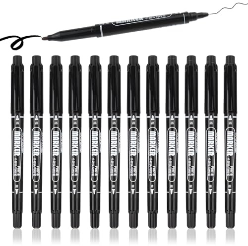 Ormromra Dual Tip Permanent Marker Pens, 12 Pack Markers, Ultra Fine Point Black Marker Pens, Permanent Marker Set for Art Drawing Sketching, Black Marker for Glass, Plastic, Wood