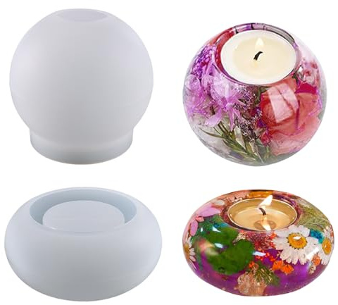 Reicyfang Tealight Candle Holder Resin Molds Silicone, 2 Pcs Sphere Tea Light Holder Molds, 4.36 and 3.35 Candlestick Molds, Epoxy Resin Mold for Resin, Plaster, Cement Concrete, DIY Wedding Decor