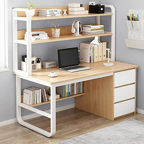 Bureau d'ordinateur en noyer massif avec clapier, poste de travail de style industriel pour la maison et le bureau, table d'écriture à 3 tiroirs avec étagère