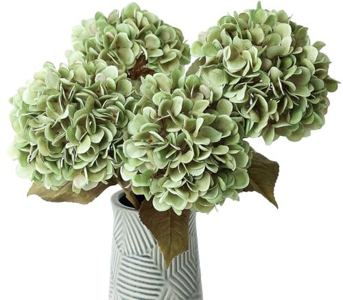 mizii 4 hortensias artificiales verdes grandes de seda falsa con hojas tallos, decoraciones realistas de hortensias artificiales para centros de mesa de boda, jarrón, decoración del hogar (verde)