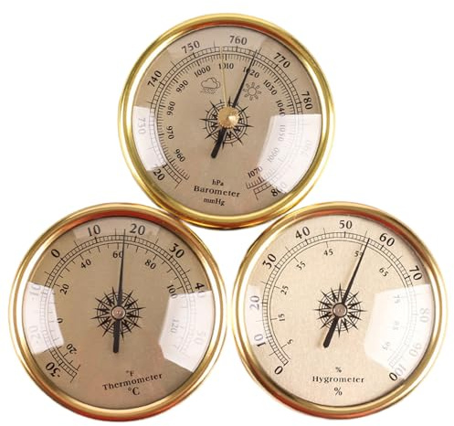 Hintyne Barometer Indoor Barometer,Barometers for the Home,7.2 * 7.2cm Wall-Mounted Barometer Thermometer Hygrometer,3 PCS Wireless Weather Station for Household,Gold