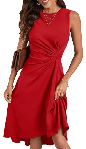 HUXRAKV Robe Femme Chic et Elegant Midi Robe de Cocktail sans Manches à Plis de Taille Robe de Soirée Fête,27-Rouge,S