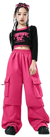 LOLANTA Ragazze Hip Hop Outfit, Top Corto Stampato & Pantaloni Cargo Dance Set, Streetwear alla Moda, Rosa, 6-7 anni, 130