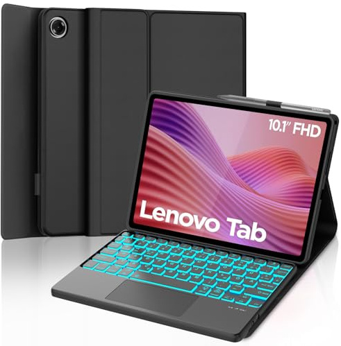 SENGBIRCH Tastaturhülle für Lenovo Tab Tablet 10.1 2025 - QWERTZ Deutsche Beleuchtete Touchpad Abnehmbare Bluetooth Tastatur für Lenovo Tab Tablet 10.1 2025 (TB-311FU TB-311XU), Schwarz