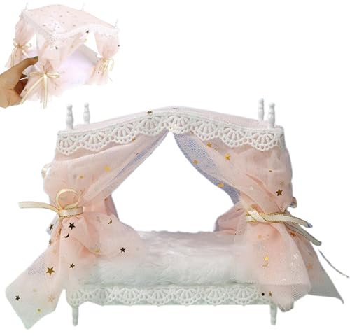 Lawnrden Dollhouse -Bett für Prinzessin 1:12 Skala Simuliertes Puppenbett mit Vorhang & Krawatte DIY Friendly Decorative Dollhouse Möbel für Enthusiasten, Stil 2 |.Miniaturen