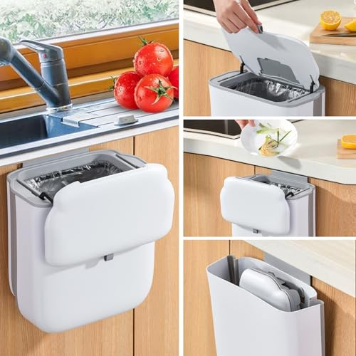YYTECH Food Waste Bin, Hanging Kitchen Bin with Lid, Foldable Food Waste Caddy, Rubbish Compost Bin Wall Mounted, Rubbish Under Kitchen Counter Bins and Under Sink Bin for Bathroom,Toilet, Motorhome