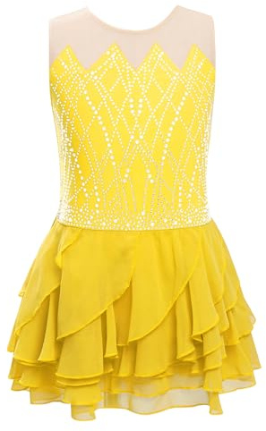 Miutii Robe de patinage artistique à paillettes pour enfant fille - Robe de danse - Robe de ballet en maille - Patchwork - Robe de patinage à roulettes - Costume de danse, jaune, 134-140