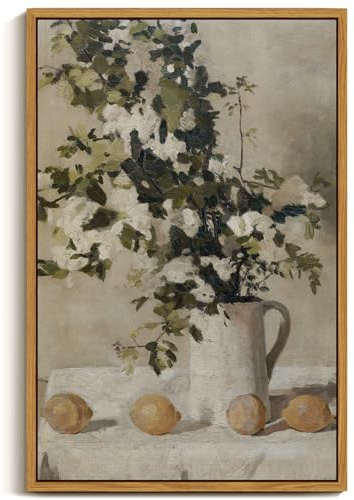 ARPEOTCY Leinwand Bilder mit Rahmen, Groß Vintage Wanddeko, Wandbilder Wohnzimmer Schlafzimmer Badezimmer Küche, Bauernhaus Zimmer Deko Aesthetic, Blumen kunstdrucke Painting, 60x40cm