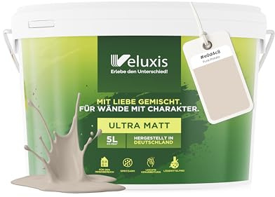 Veluxis Wandfarbe Beige Grau Hellgrau matt 2,5 L – Pure Potato | Innenfarbe mit Deckkraft Klasse 1, VOC-frei, ohne Grundierung, tropfarm, für Wohnzimmer und Schlafzimmer