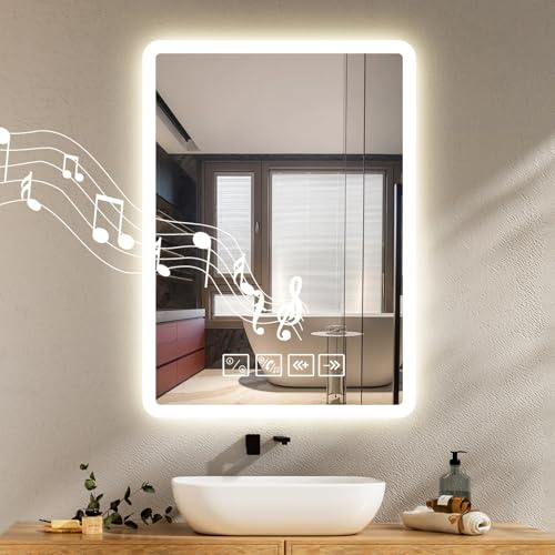 Litglobe Bluetooth Specchio Bagno con Luce 50 x 70 cm,Specchio Bagno LED con Antiappannamento,Specchiera da Bagn𝐨 c𝐨n Dimmerabile,3 Colori Luce,Interruttore Touch,Funzione Memoria