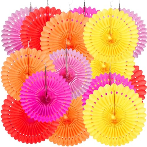 FICOFISE 15 Stück Papier Fächer Dekoration: 25/30/35cm Papierfächer zum Aufhängen, mit Schnur und Pin, für Party Hochzeit Geburtstag Baby Shower Party Deko (Rot, Gelb, Lila, Orange, Rose)
