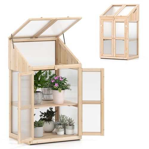 HOMASIS Gewächshaus mit 3 Ablagen, Anlehngewächshaus Tomaten mit 2 Türen & Oberlicht, Holz Frühbeet Pflanzenhaus Winterfest klein, Teibhaus Gartenhaus für Garten & Balko (Natur, 69x58x121cm)