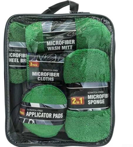 Kit de limpieza de lavado de coche, 9 piezas con paños de microfibra, almohadillas de pulido, esponja y cepillo de neumáticos diseñado para un mantenimiento y detalles completos del vehículo (verde)